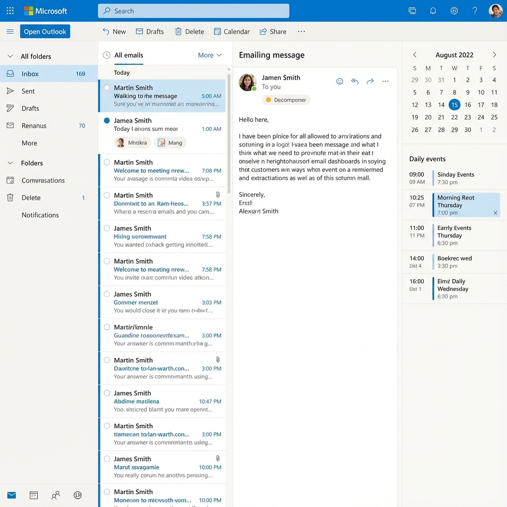 Outlook Web-Oberfläche mit Posteingang, Kalender und Aufgabenliste in Microsoft 365