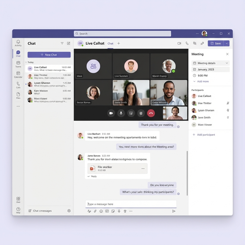 Microsoft Teams Oberfläche mit Channel-Liste, Chat-Fenster und Besprechungs-Steuerung